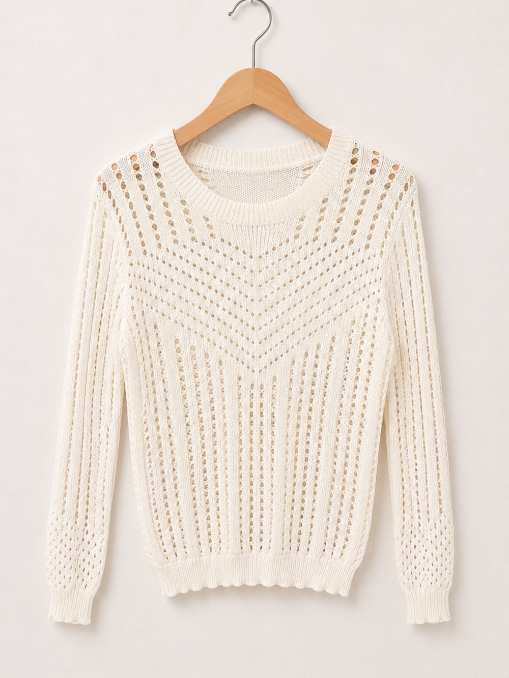 Woman’s Ivory Open-Knit Long Sleeve Fitted Lightweight Breezy Crewneck Sweater